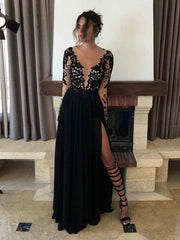 A-Line/Elegant Sheer Neck Long Sleeves Lace Floor-Length Chiffon Prom Dresses