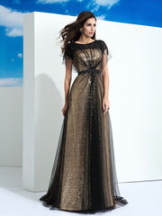 A-Line/Elegant Sheer Neck Paillette Short Sleeves Long Net Prom Dresses