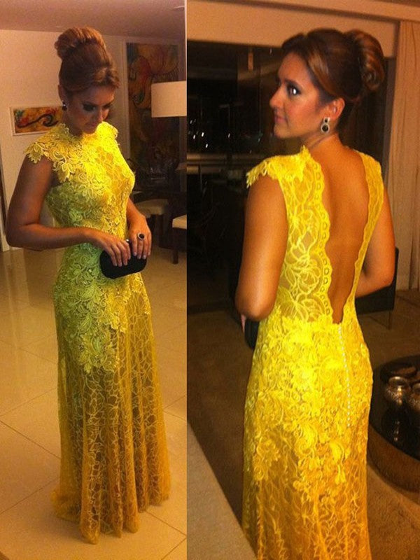 A-Line/Elegant Short Sleeves Lace High Neck Floor-Length Prom Dresses