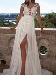 A-Line/Elegant Short Sleeves Scoop Applique Chiffon Prom Dresses