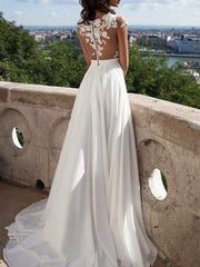 A-Line/Elegant Short Sleeves Scoop Applique Chiffon Prom Dresses