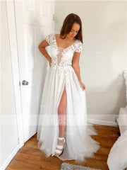 A-Line/Elegant Short Sleeves V-neck Applique Tulle Prom Dresses