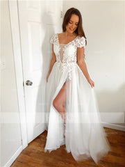 A-Line/Elegant Short Sleeves V-neck Applique Tulle Prom Dresses