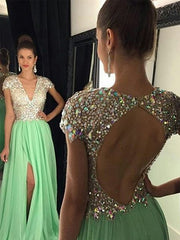 A-Line/Elegant Short Sleeves V-neck Chiffon Sequin Floor-Length Prom Dresses