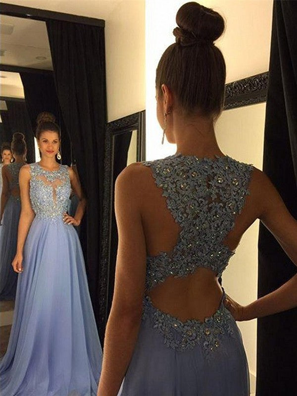 A-Line/Elegant Sleeveless Applique Chiffon Scoop Prom Dresses