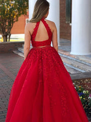 A-Line/Elegant Sleeveless Halter Beading Tulle Floor-Length Two Piece Prom Dresses