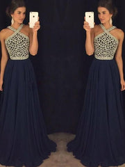 A-Line/Elegant Sleeveless Halter Chiffon Beading Floor-Length Prom Dresses