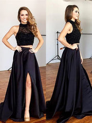 A-Line/Elegant Sleeveless Halter Satin Beading Two Piece Prom Dresses