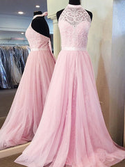 A-Line/Elegant Sleeveless Halter Tulle Lace Prom Dresses