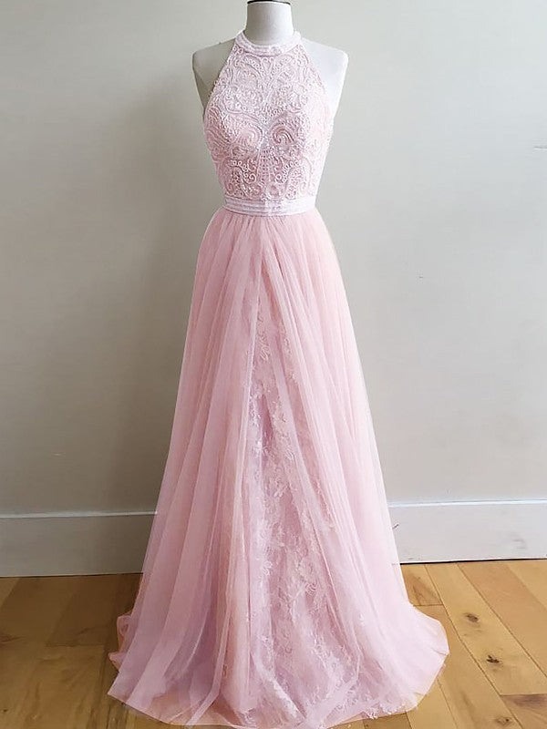 A-Line/Elegant Sleeveless Halter Tulle Lace Prom Dresses