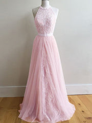 A-Line/Elegant Sleeveless Halter Tulle Lace Prom Dresses