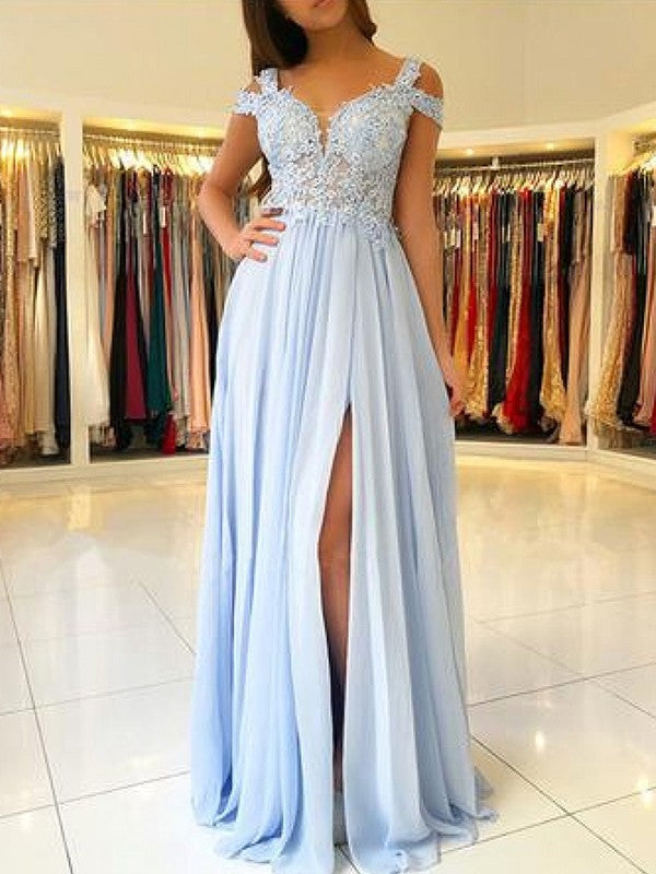 A-Line/Elegant Sleeveless Off-the-Shoulder Floor-Length Applique Chiffon Prom Dresses