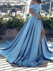 A-Line/Elegant Sleeveless Off-the-Shoulder Ruffles Satin Court Train Prom Dresses