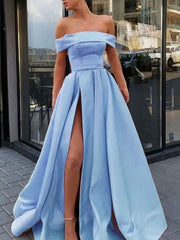 A-Line/Elegant Sleeveless Off-the-Shoulder Ruffles Satin Prom Dresses