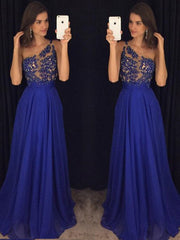 A-Line/Elegant Sleeveless One-Shoulder Floor-Length Beading Chiffon Prom Dresses