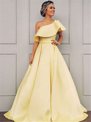 A-Line/Elegant Sleeveless One-Shoulder Floor-Length Ruffles Satin Prom Dresses