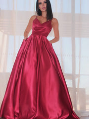 A-Line/Elegant Sleeveless Ruffles V-neck Satin Floor-Length Prom Dresses