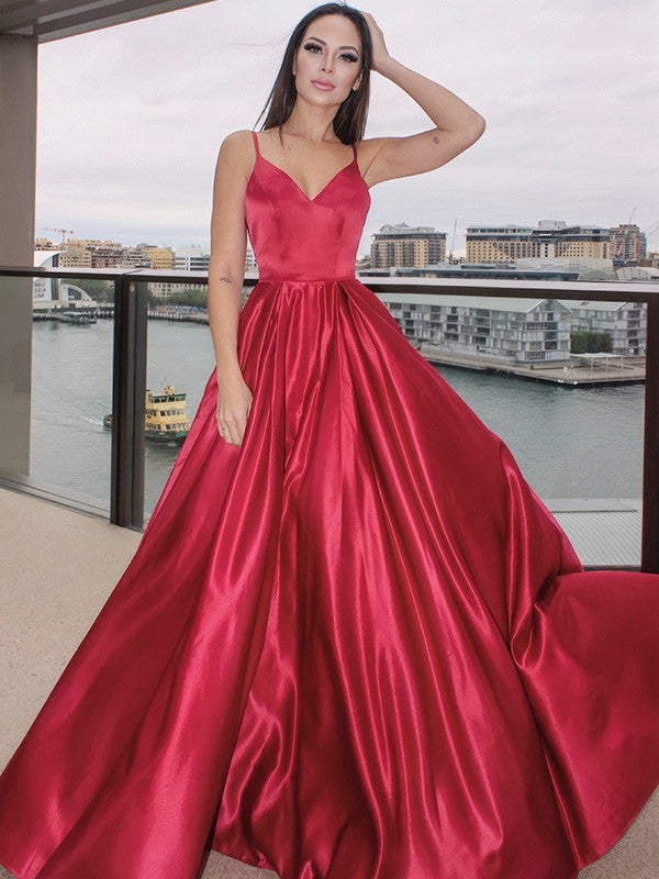 A-Line/Elegant Sleeveless Ruffles V-neck Satin Floor-Length Prom Dresses