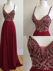 A-Line/Elegant Sleeveless Spaghetti Straps Chiffon Floor-Length Beading Prom Dresses