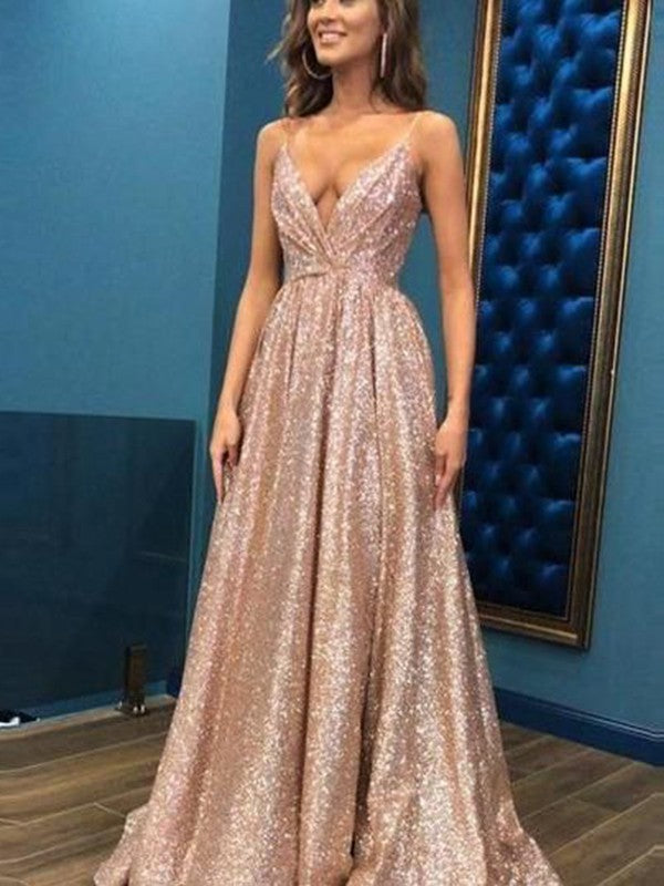 A-Line/Elegant Sleeveless Spaghetti Straps Floor-Length Sequins Prom Dresses