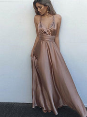 A-Line/Elegant Sleeveless Spaghetti Straps Silk like Satin Floor-Length Sash/Ribbon/Belt Prom Dresses