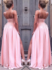 A-Line/Elegant Sleeveless Straps Floor-Length Ruched Silk like Satin Prom Dresses