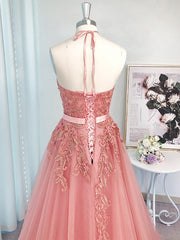 A-Line/Elegant Sleeveless Tulle Halter Applique Prom Dresses