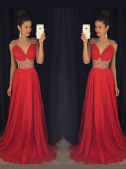 A-Line/Elegant Sleeveless V-neck Beading Floor-Length Chiffon Prom Dresses