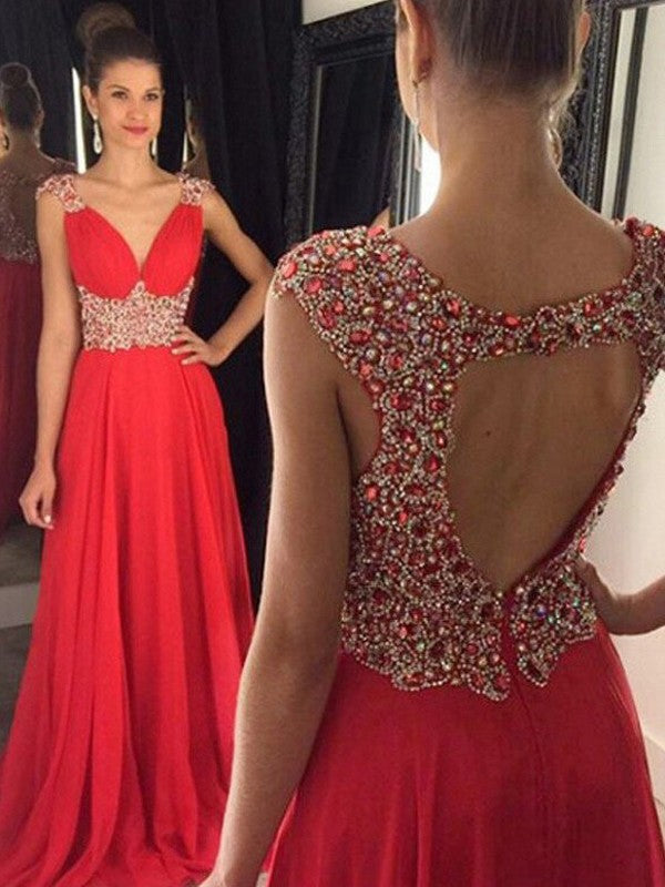 A-Line/Elegant Sleeveless V-neck Beading Floor-Length Chiffon Prom Dresses