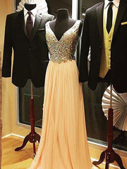 A-Line/Elegant Sleeveless V-neck Chiffon Beading Prom Dresses