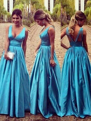 A-Line/Elegant Sleeveless V-neck Elastic Woven Satin Ruched Floor-Length Prom Dresses