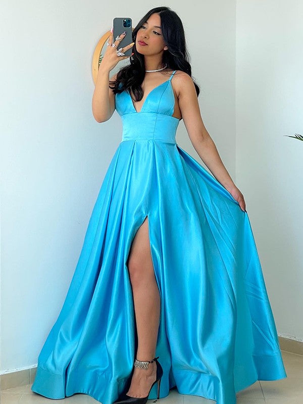 A-Line/Elegant Spaghetti Straps Satin Sleeveless Ruffles Floor-Length Prom Dresses