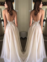 A-Line/Elegant Spaghetti Straps Sleeveless Applique Chiffon Prom Dresses