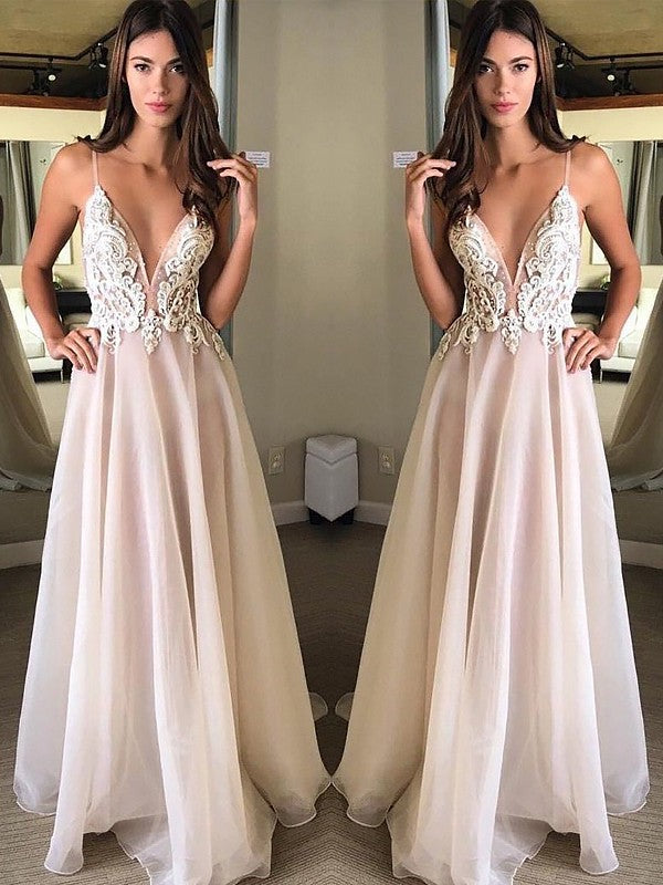 A-Line/Elegant Spaghetti Straps Sleeveless Applique Chiffon Prom Dresses