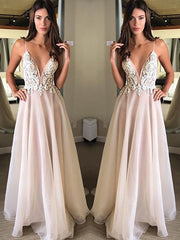 A-Line/Elegant Spaghetti Straps Sleeveless Applique Chiffon Prom Dresses