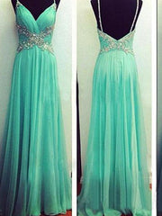 A-Line/Elegant Spaghetti Straps Sleeveless Beading Floor-Length Chiffon Prom Dresses