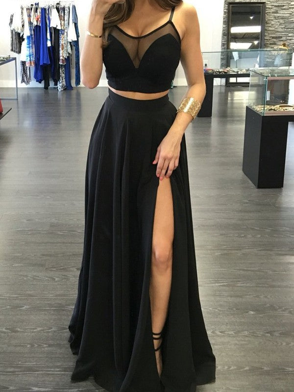 A-Line/Elegant Spaghetti Straps Sleeveless Floor-Length Chiffon Two Piece Prom Dresses