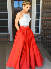 A-Line/Elegant Spaghetti Straps Sleeveless Satin Floor-Length Lace Two Piece Prom Dresses