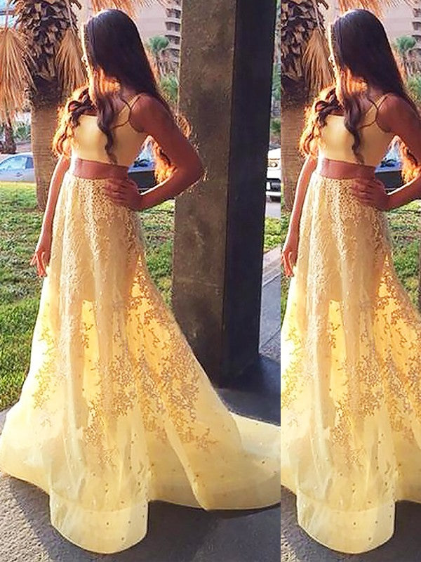 A-Line/Elegant Square Sleeveless Satin Applique Two Piece Prom Dresses