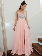 A-Line/Elegant Straps Beading Sleeveless Chiffon Floor-Length Prom Dresses