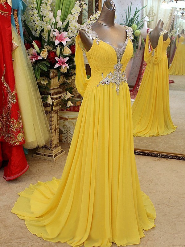 A-Line/Elegant Straps Sleeveless Beading Chiffon Prom Dresses