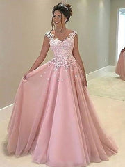 A-Line/Elegant Sweetheart Sleeveless Floor-Length Applique Tulle Prom Dresses