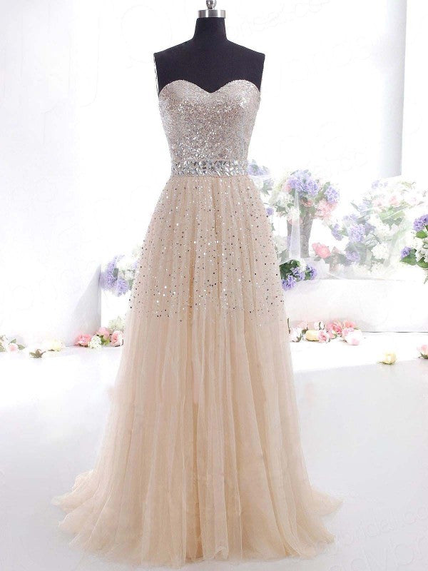 A-Line/Elegant Sweetheart Tulle Sleeveless Prom Dresses