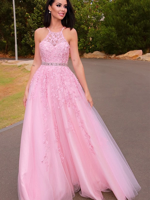 A-Line/Elegant Tulle Applique Halter Sleeveless Floor-Length Prom Dresses