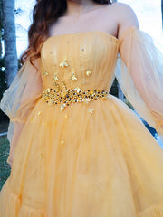 A-Line/Elegant Tulle Beading Off-the-Shoulder Long Sleeves Floor-Length Prom Dresses