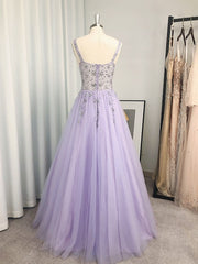 A-Line/Elegant Tulle Beading V-neck Sleeveless Floor-Length Prom Dresses