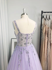 A-Line/Elegant Tulle Beading V-neck Sleeveless Floor-Length Prom Dresses