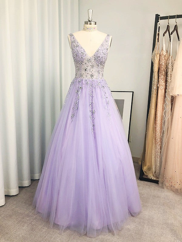 A-Line/Elegant Tulle Beading V-neck Sleeveless Floor-Length Prom Dresses