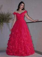 A-Line/Elegant Tulle Hand-Made Flower Off-the-Shoulder Sleeveless Floor-Length Prom Dresses