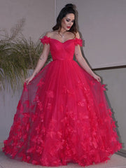 A-Line/Elegant Tulle Hand-Made Flower Off-the-Shoulder Sleeveless Floor-Length Prom Dresses